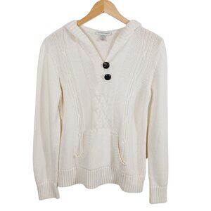 Christopher & Banks Ivory Cotton Cable Sweater, Long Sleeve, Hooded, V Neck, MED